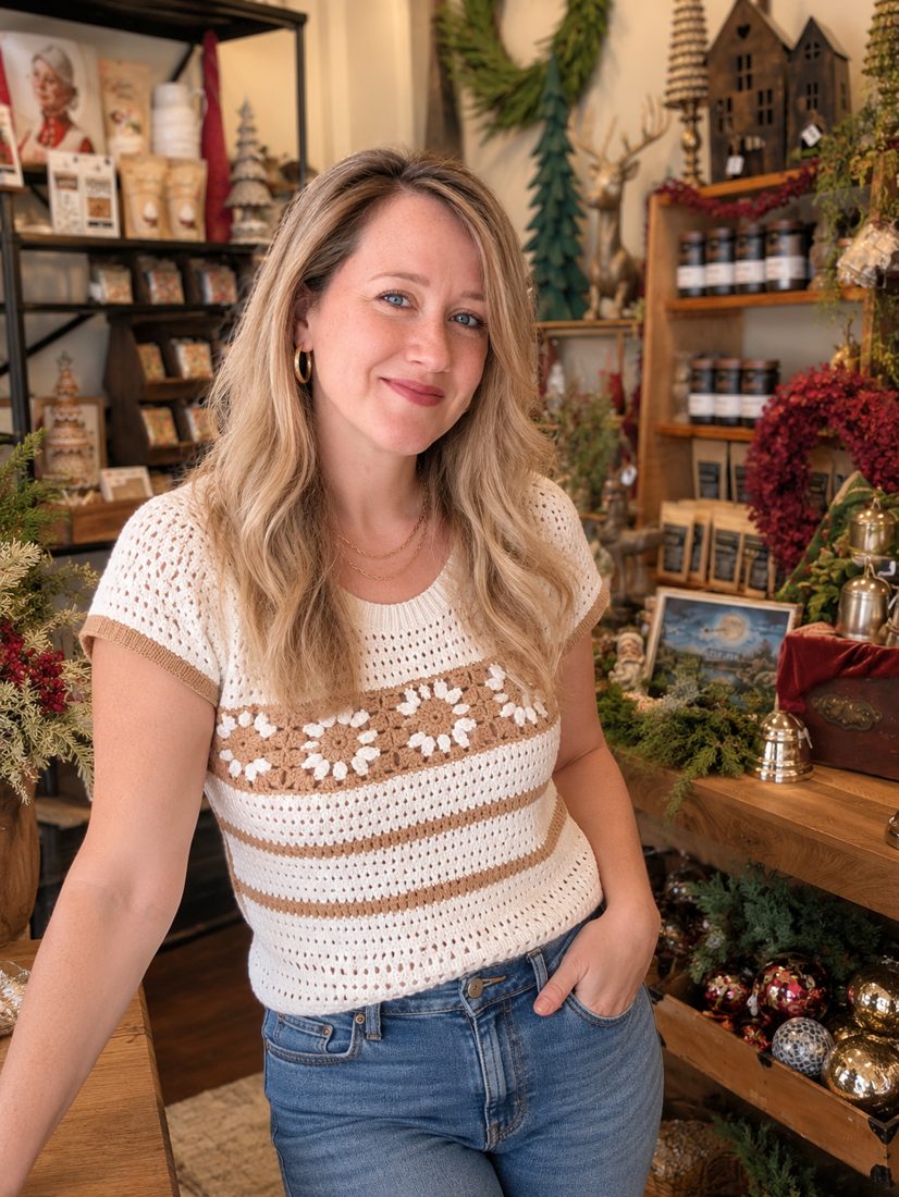 Jessica Trouillaud inside Snohomish General Store on First Street, with the shop dressed for the holidays